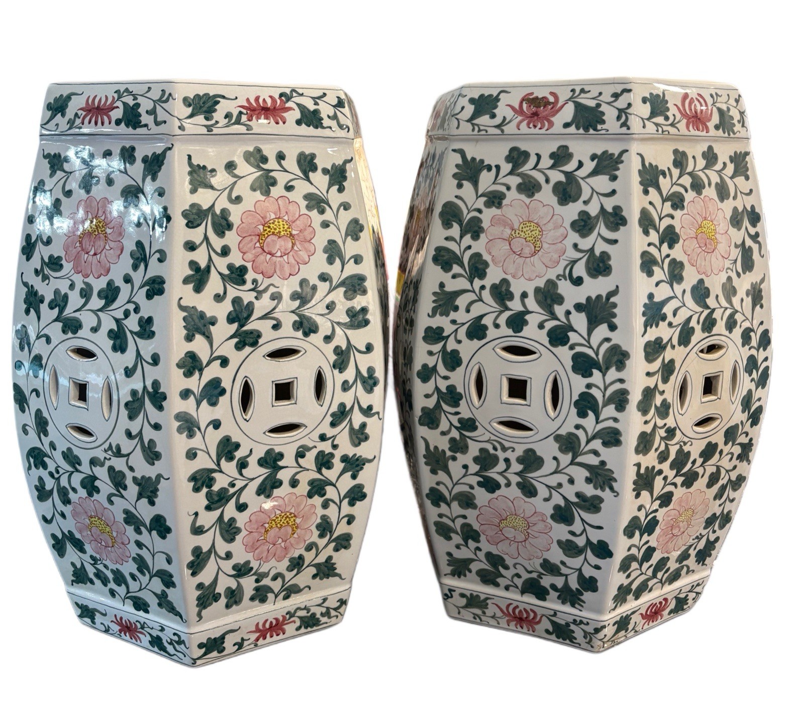 Vintage Chinese Porcelain Garden Stools Pair 19” Hand Painted Floral Chinoiserie