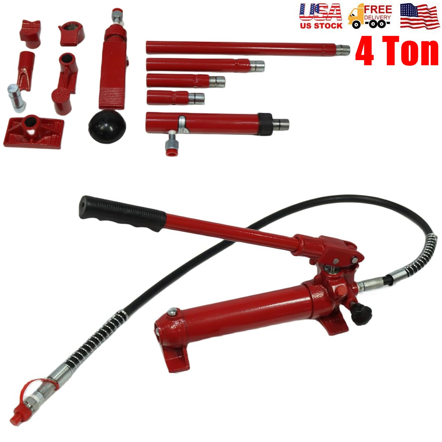4 Ton Porta Power Kit Hydraulic Ram Auto Body Frame Repair Kit Hose Lift, Red