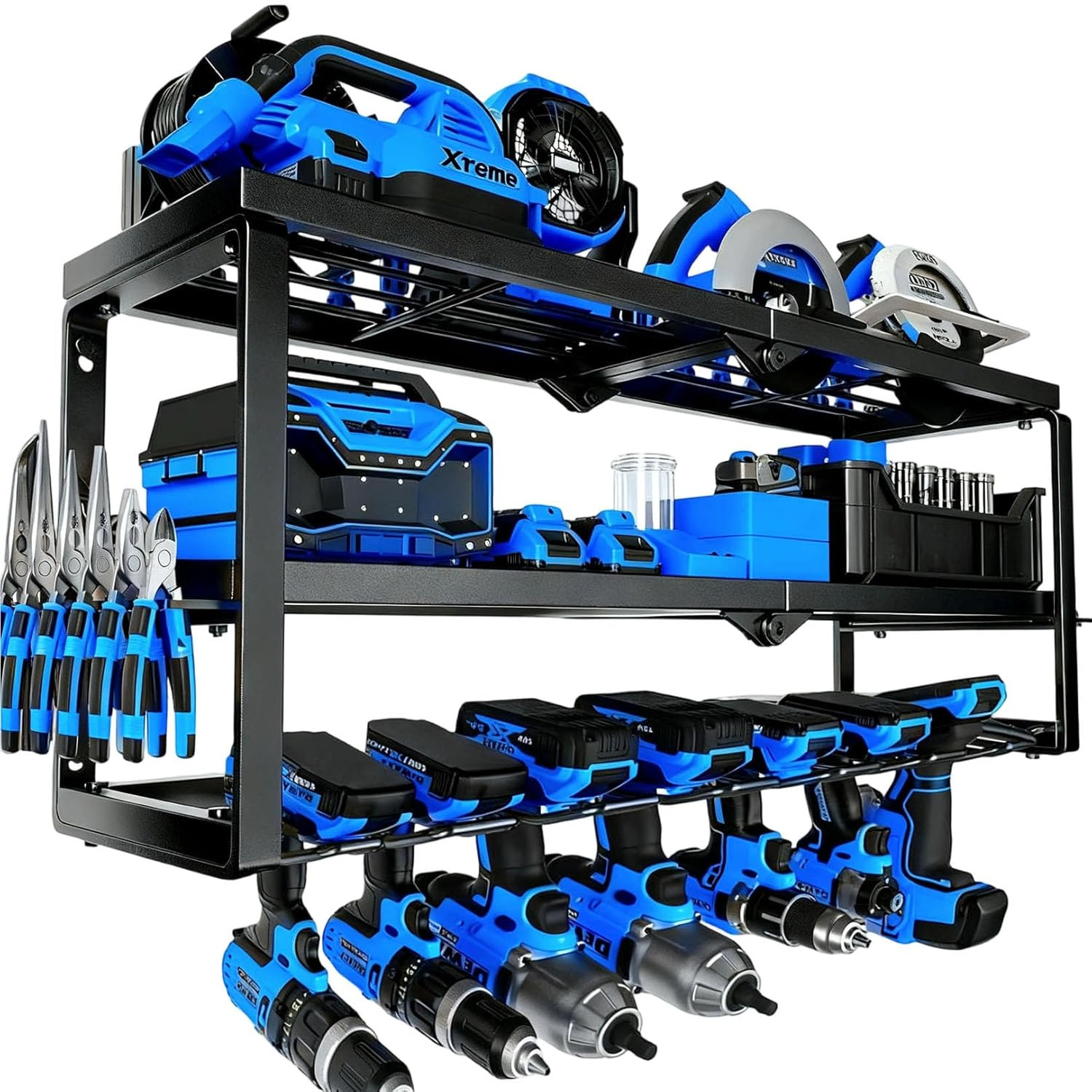 Heavy Duty Power Tool Organizer Wall Mount - 3 Tier Metal Tool Rack with 7 Drill