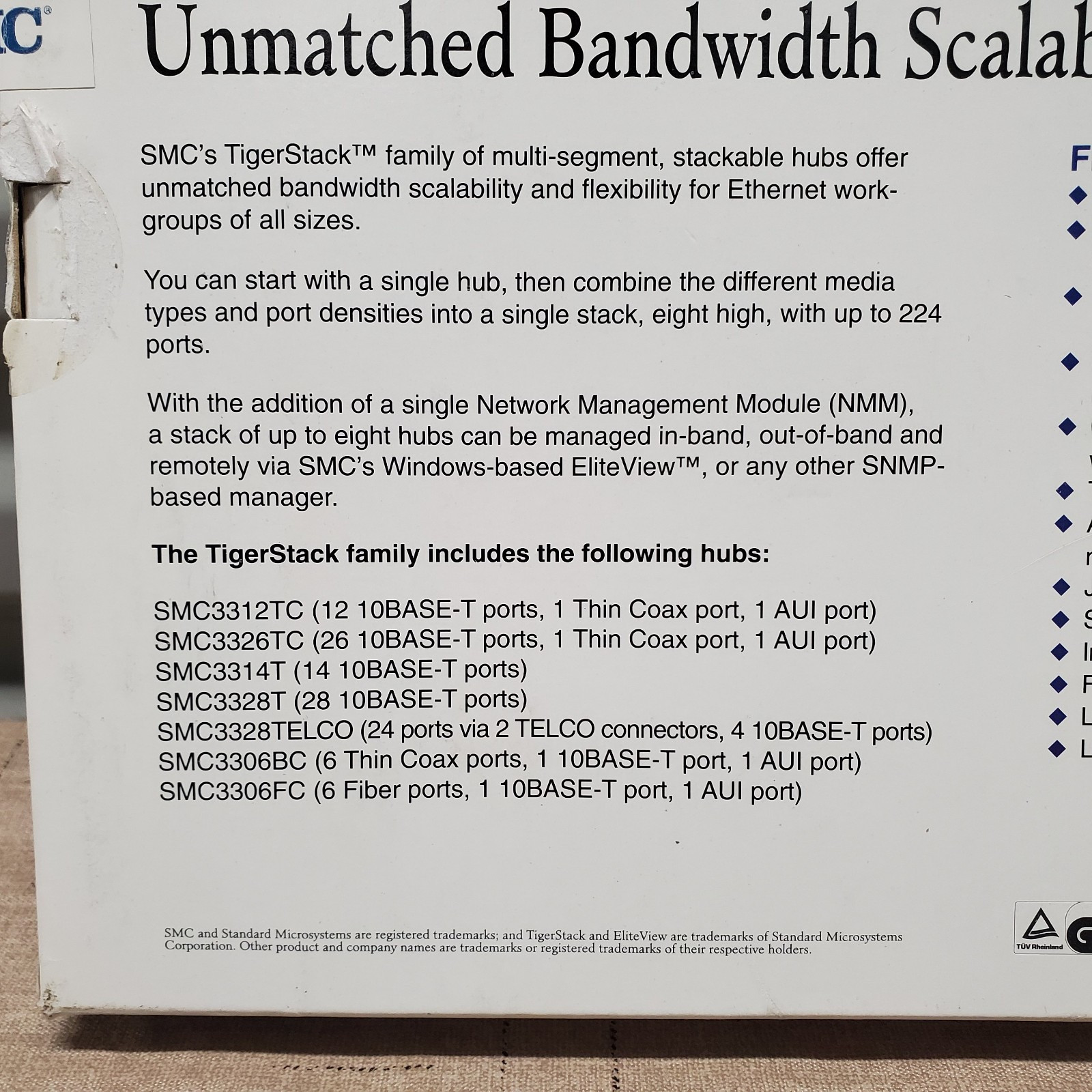 VTG Y2K SMC TigerStack 3314T 14-Port Ethernet Hub Stackable SMC3314T - OPEN BOX