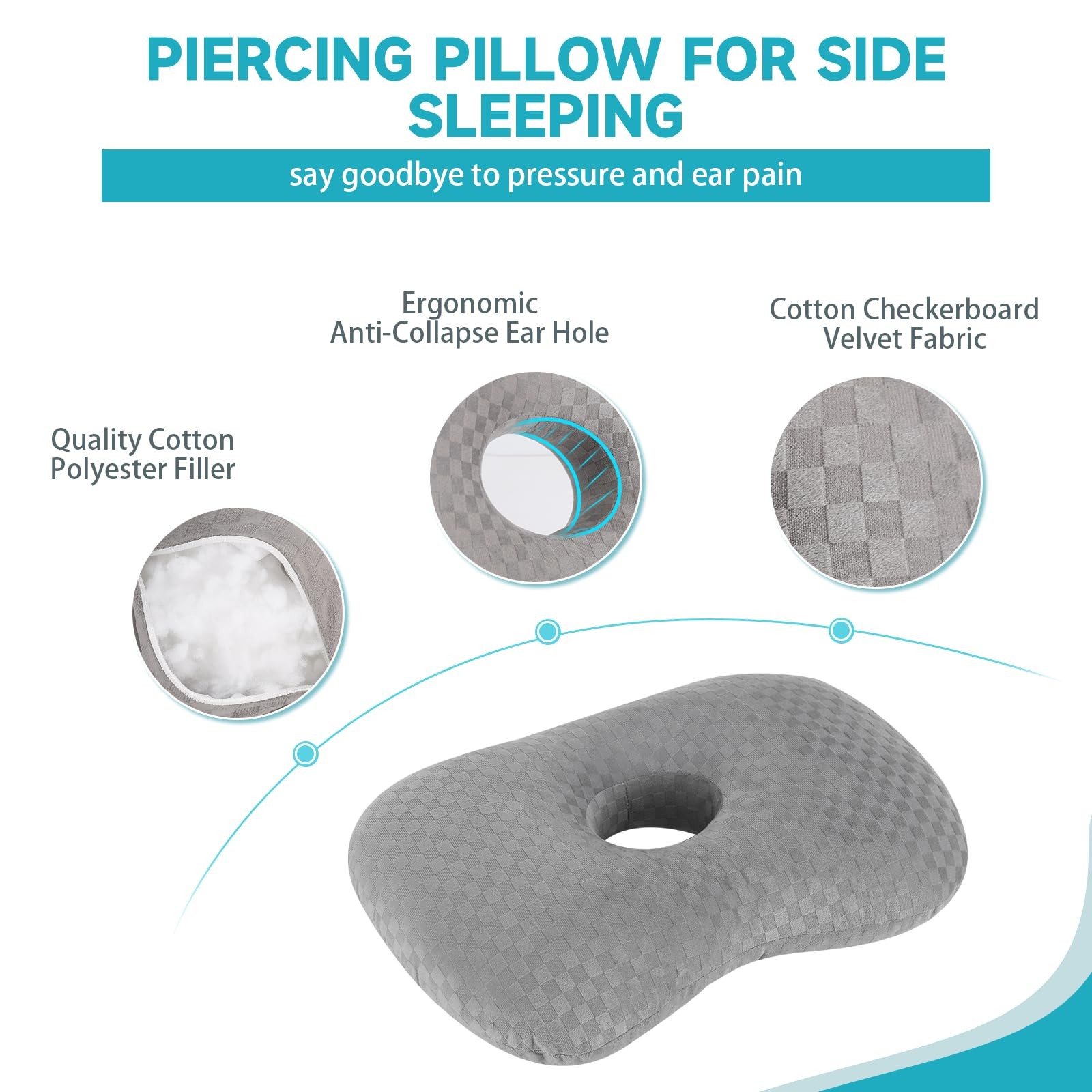 Ear Piercing Pillow with an Hole, Cotton and Polyester Side Light Grey