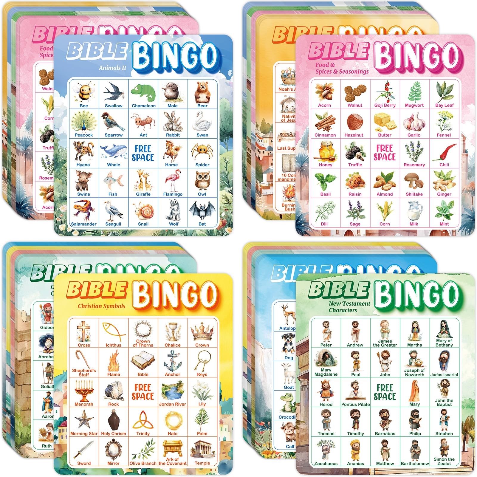 Fancy Land Bible Bingo 6.29 x 7.08 inches, Blue, Red, Green, Yellow, Orange