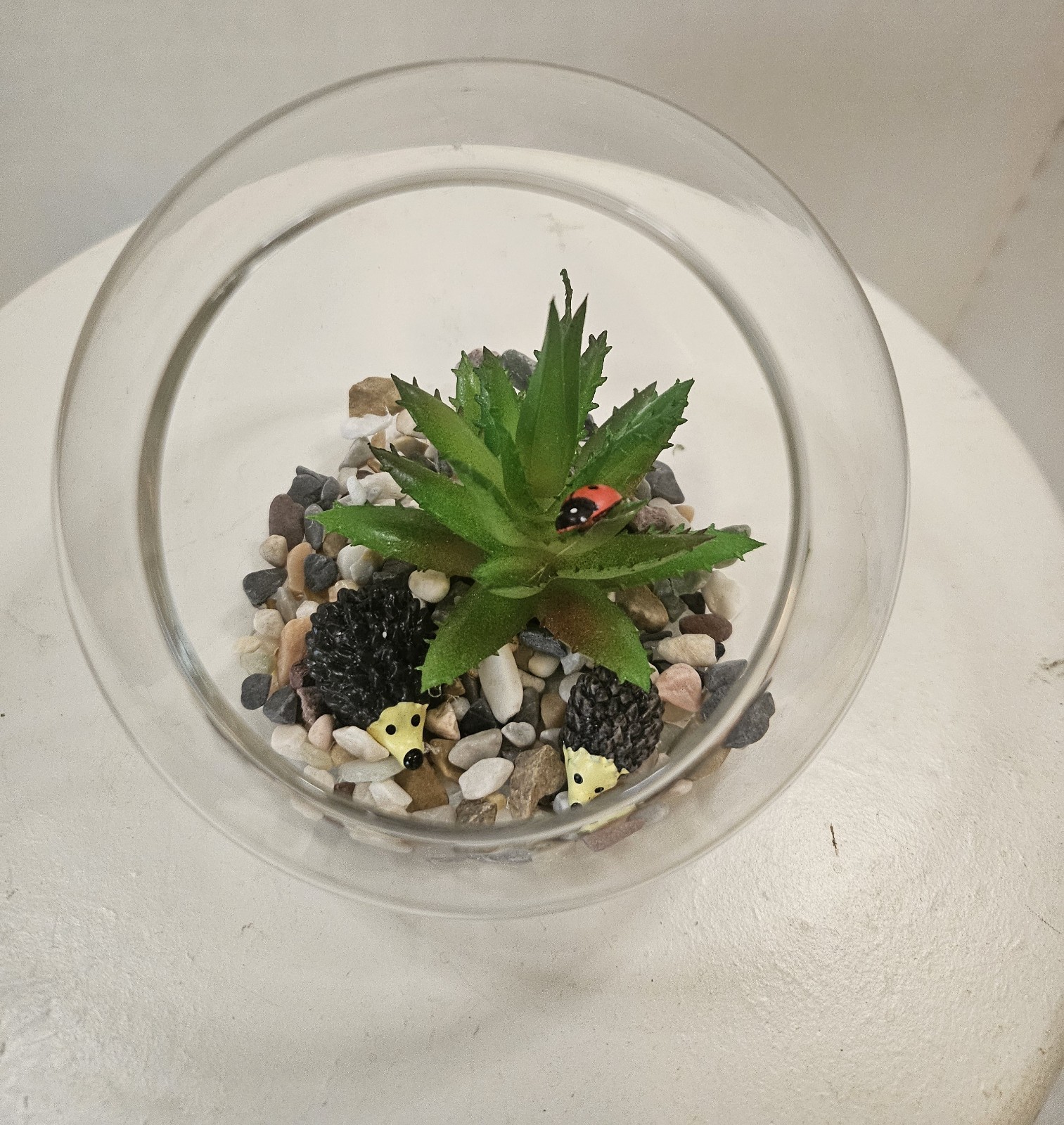 Glass Globe With Artificial Succulents, Hedgehog Minis(Handmade)