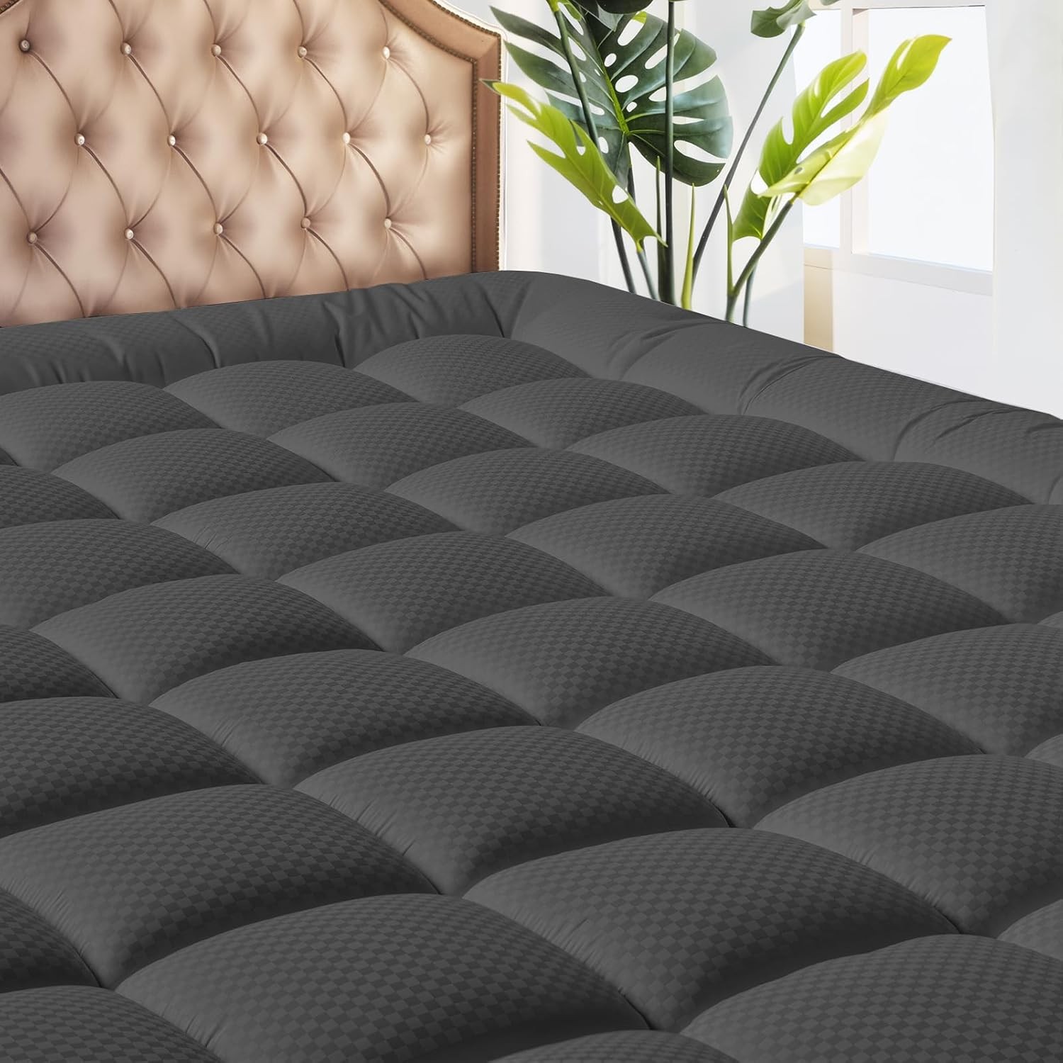 MATBEBY King Size Mattress Pad - Cooling King, Dark Grey - Checkered