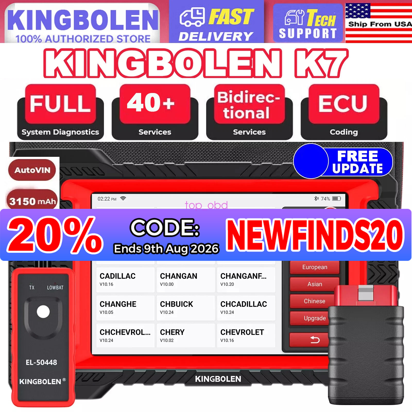 2026 KINGBOLEN K7 Car OBD2 Scanner Full System Diagnostic Tool ECU Key Coding