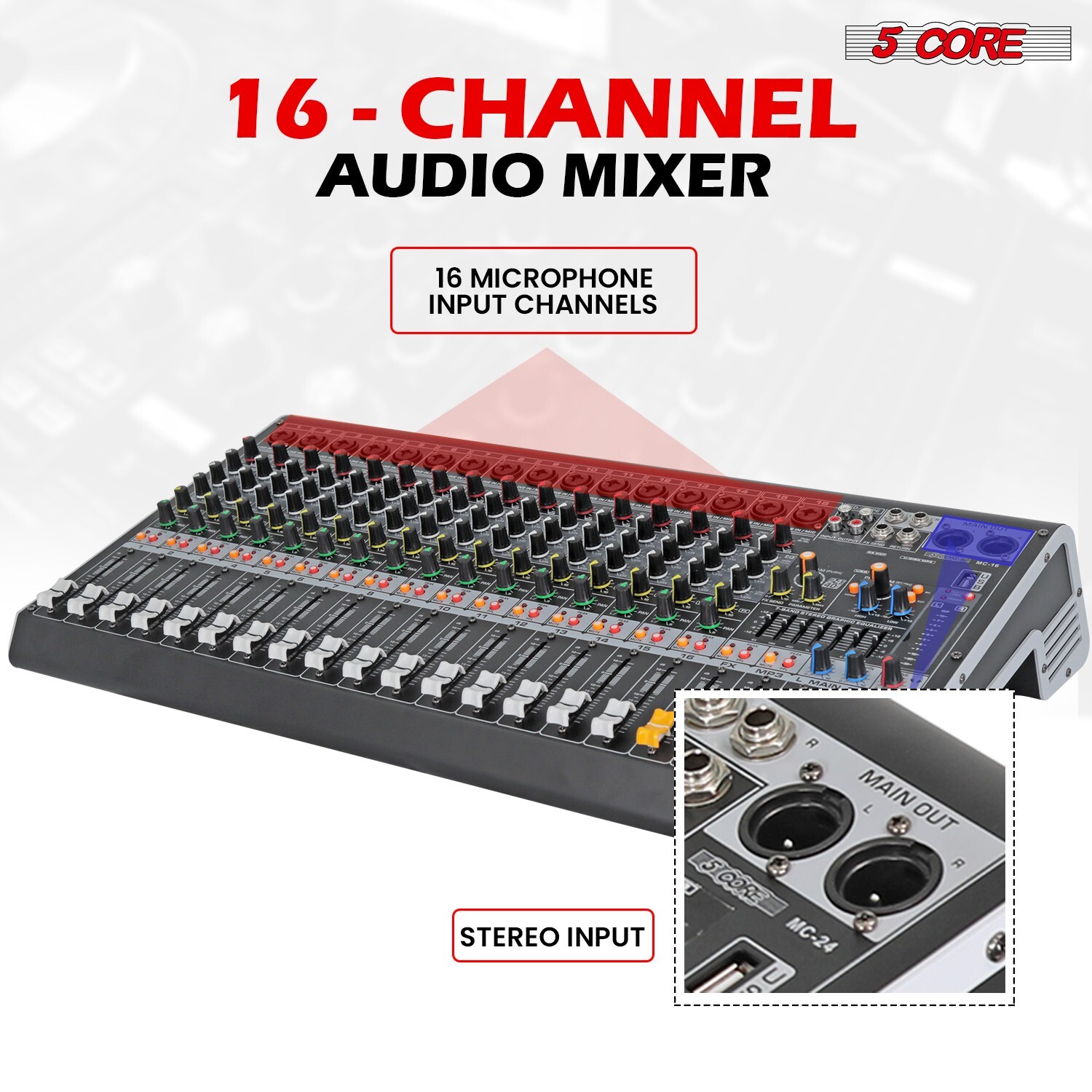 5Core Professional Audio Mixer 16 Channel DJ Mixing Board Bluetooth USB Analog