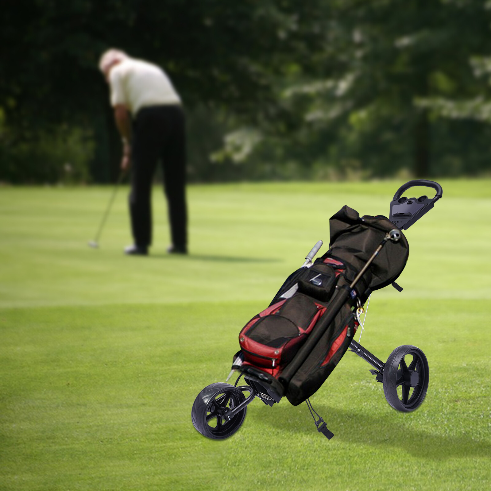 3 Wheel Golf Push Cart Folding Golf Walking Push Cart Roller Golf Bag Holder