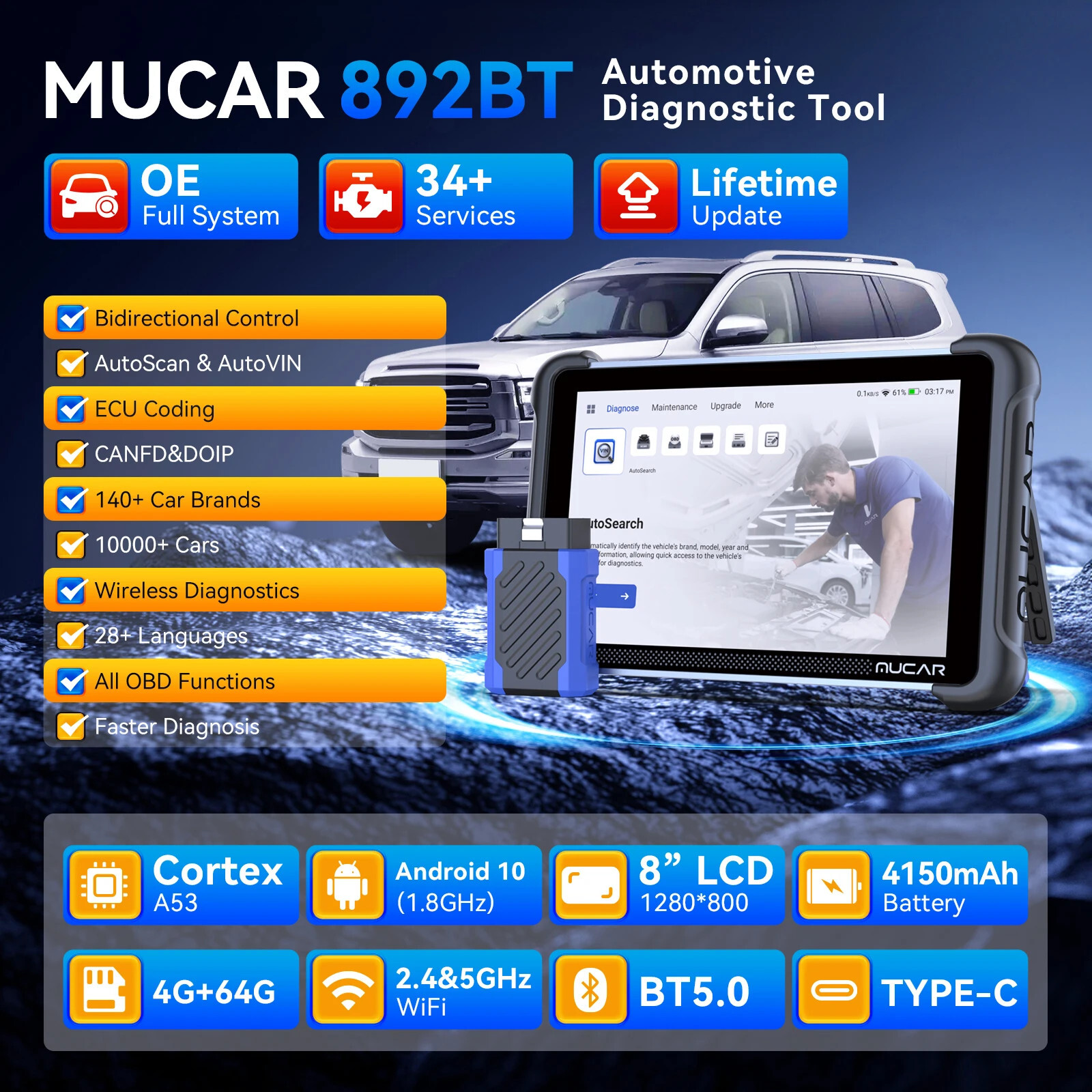 2025 MUCAR 892BT OBD2 Scanner Diagnostic Tool E.CU Coding All System TPMS Scan
