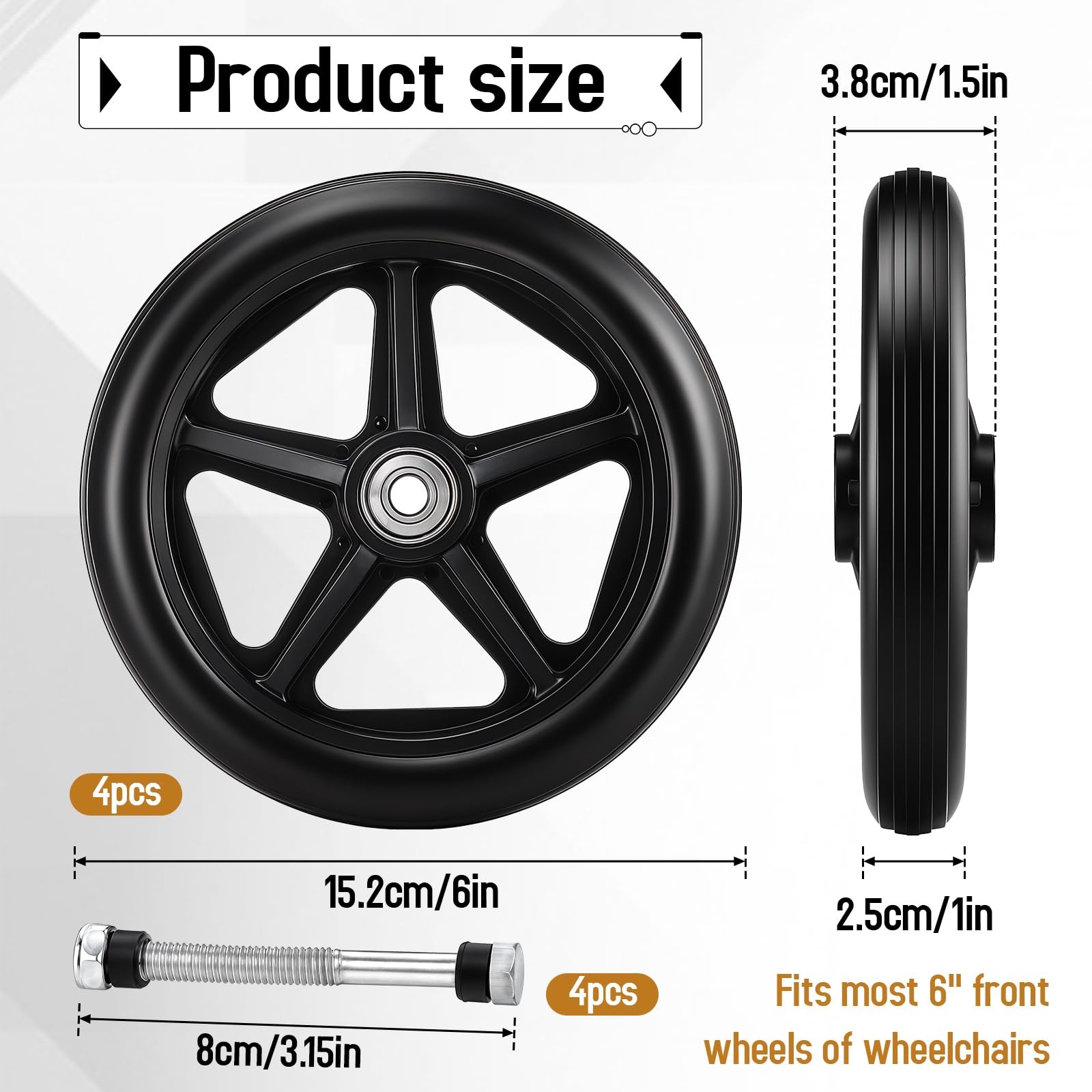LIQWEI 4 Pack Rubber Wheel Replacement, 6 Inch Solid Wheelchair 6 Inch, Black