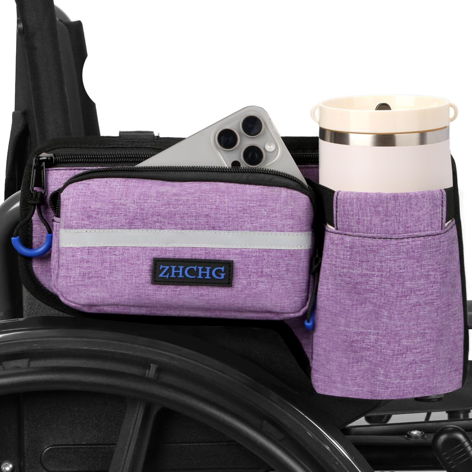 Upgraded Wheelchair Side Bag with Cup Holder, Wheel Chair Accessories Pouch