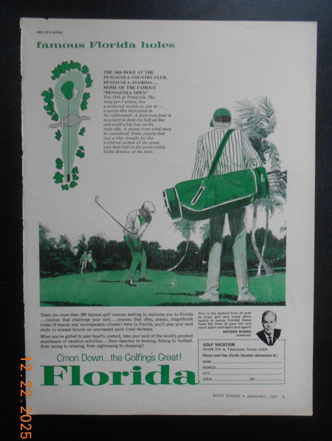 1967 Florida Golf Vacation 16th Hole Pensacola Country Club CC AD Pensacola Open