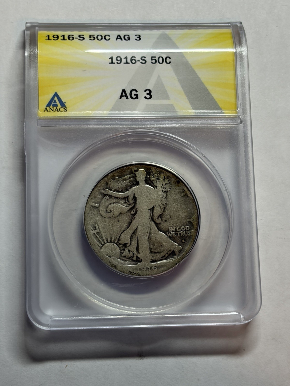 1916-S WALKING LIBERTY SILVER HALF DOLLAR ANACS AG3 BETTER DATE