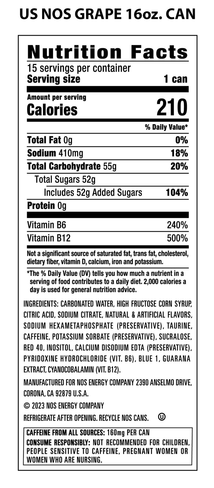 NOS GT Grape: High Performance Energy Drink. 16 Fl oz 15 Pack
