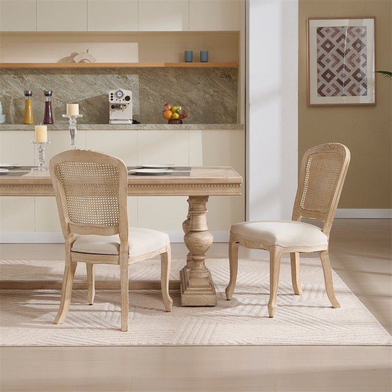 2 Set French Country Dining Chairs,Upholstered Chairs Nature Rattan Back,Beige