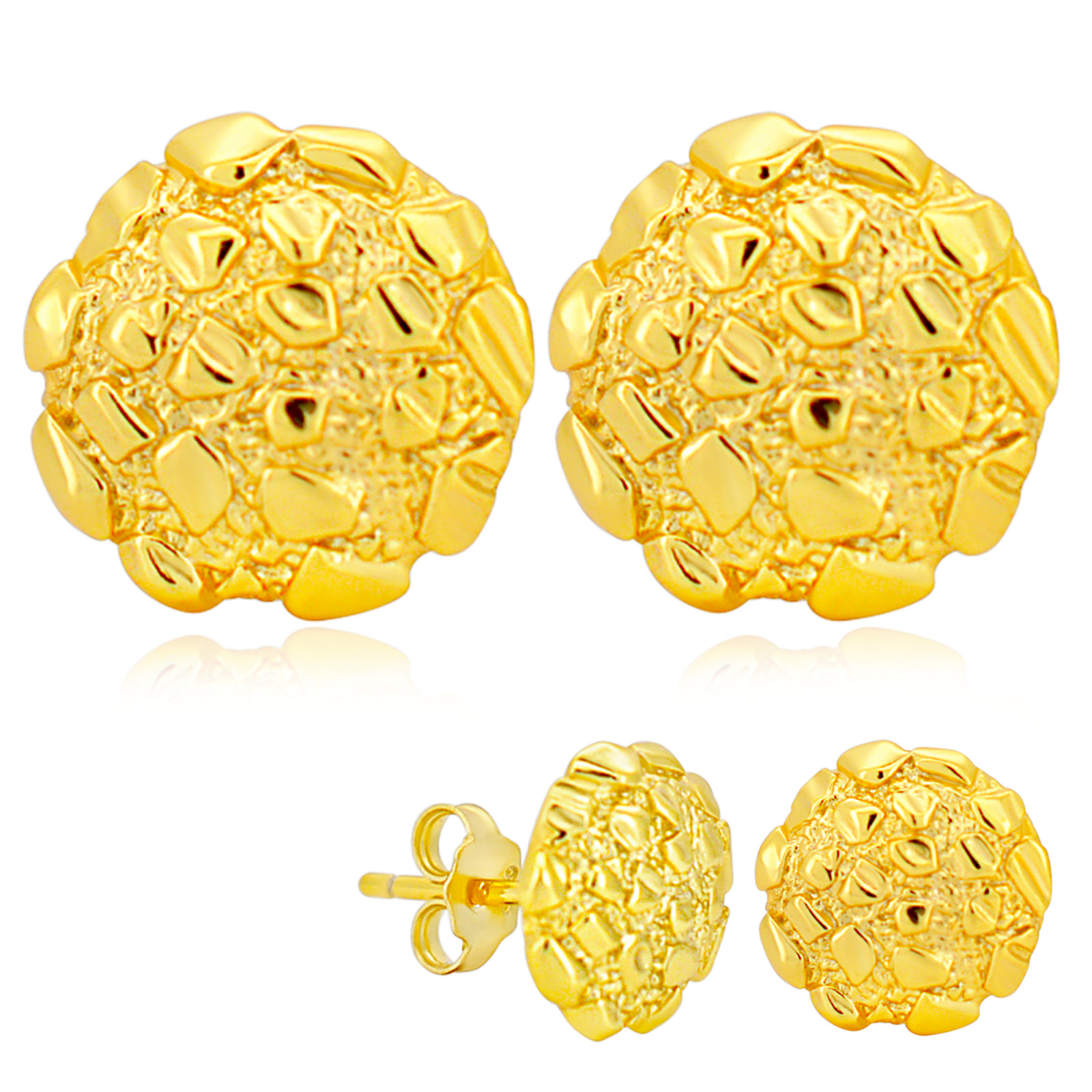 Pair - Gold Plated 925 Sterling Silver Round Nuggets Push Back Earrings