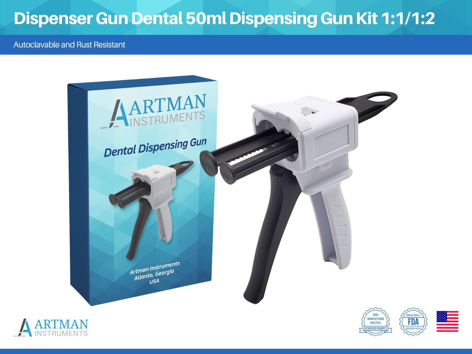 Dispenser Gun Dental 50ml Dispensing Gun Kit 1:1/1:2 fits Most Sizes by ARTMAN