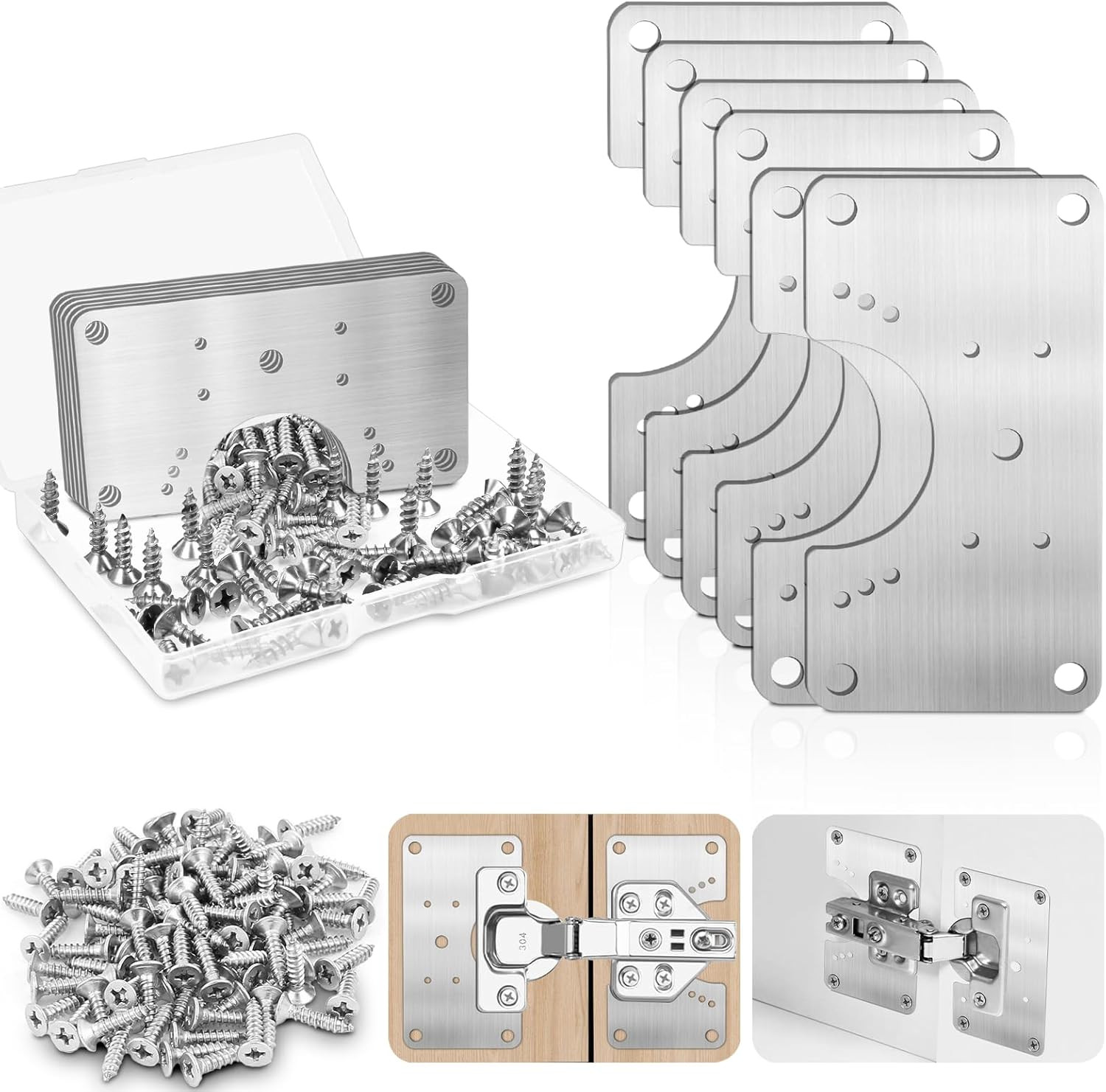 6 Pcs Cabinet Hinge Repair Kit, Stainless Steel Hinge Fixing Plates w/ Screws