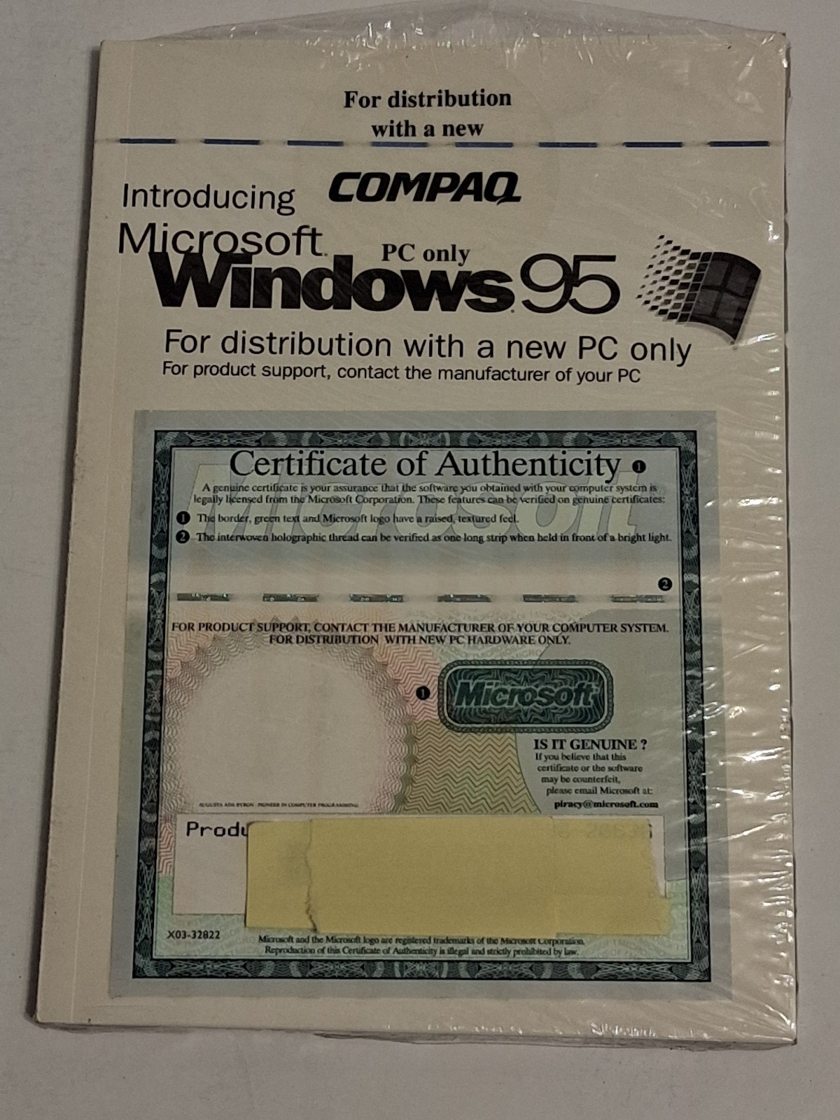 Microsoft Windows 95 CD Booklet& Product Key for Distribution Compaq PC New Open