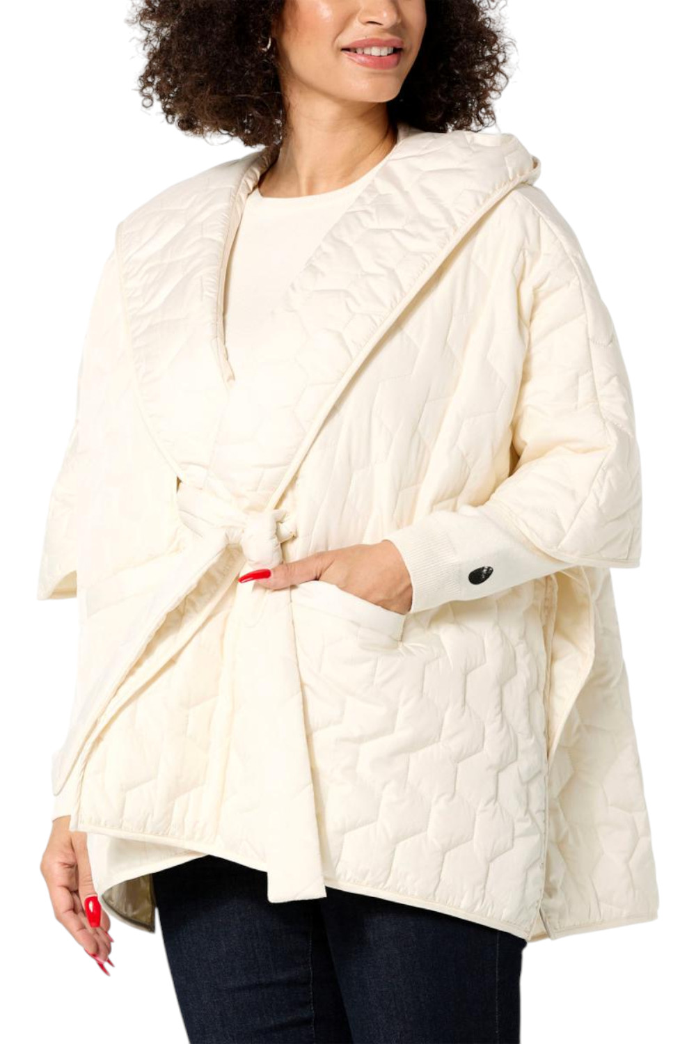 WynneCollection Women's Quilted Cape Jacket w Belt Cream