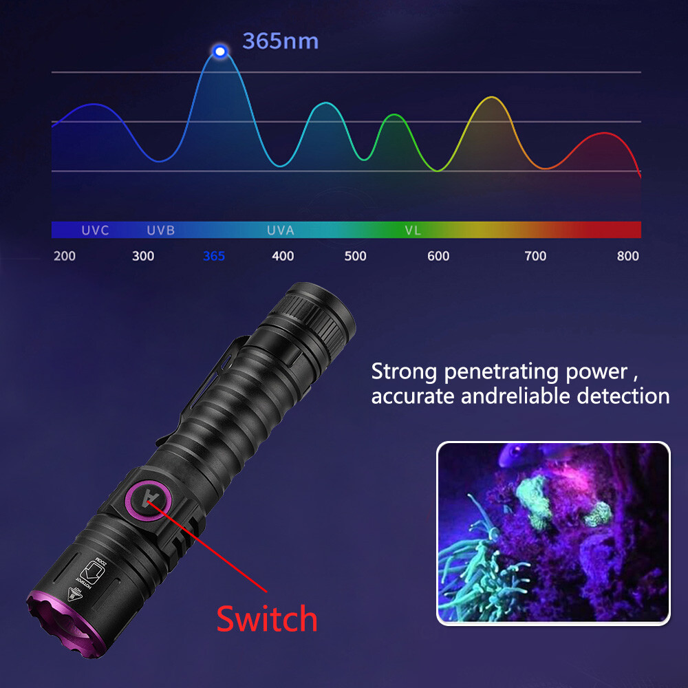 USB Rechargeable UV Light LED Flashlight 365nm Blacklight Inspect Torch Zoomable