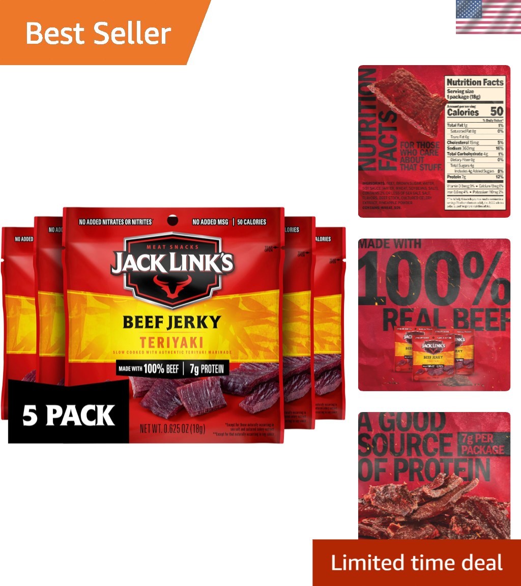 Ready-to-Eat Teriyaki Beef Jerky - 5 x 0.625 oz - Convenient Protein Packs