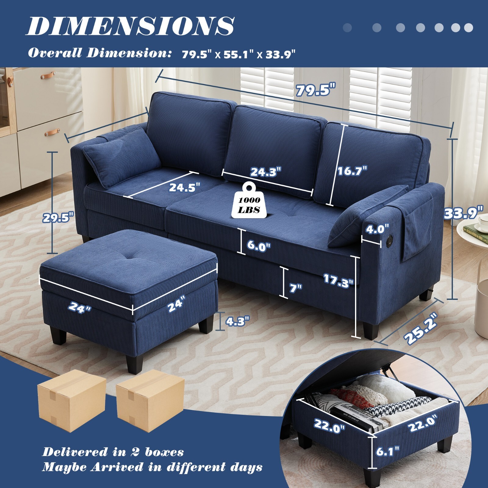 Convertible Sectional Couches W/Storage Chaise, USB Ports, Side Pockets