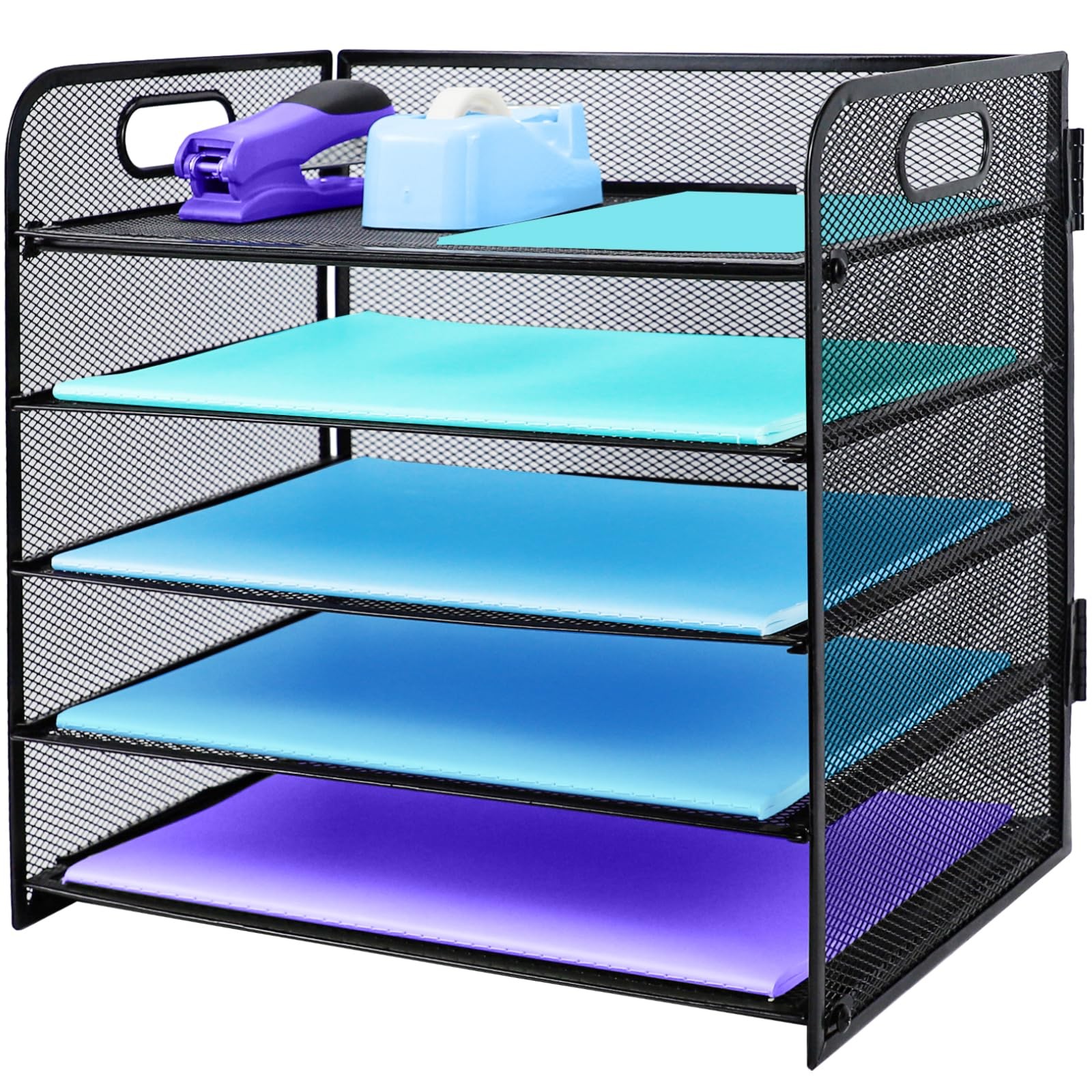 5 Tier Desk Organiser with Handle, Pull-Out Mesh File Organizer for Letter Tr...