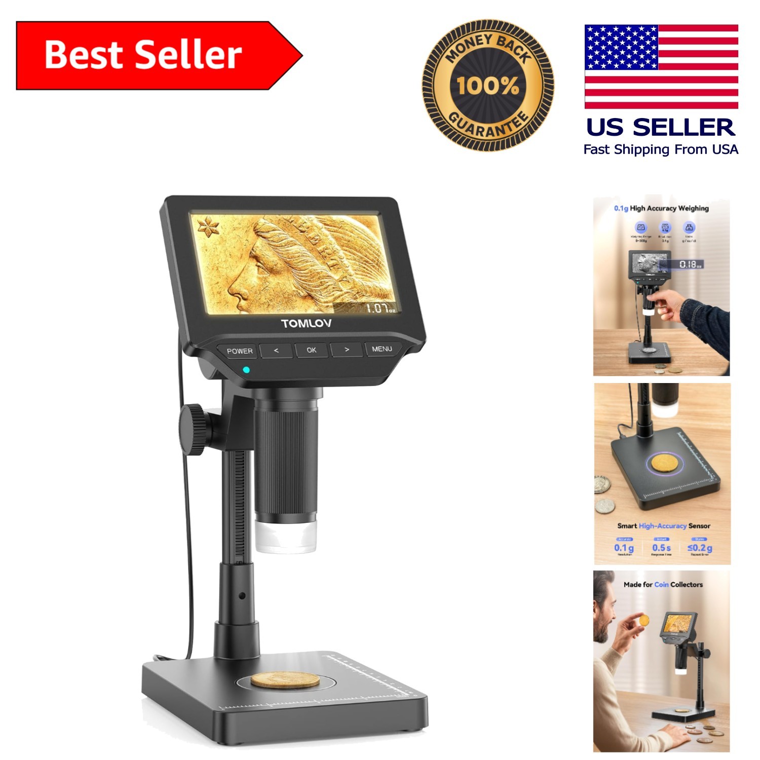 DM4W Digital Coin Microscope with LED Scale: 4.3" HD Display, 200X Magnification