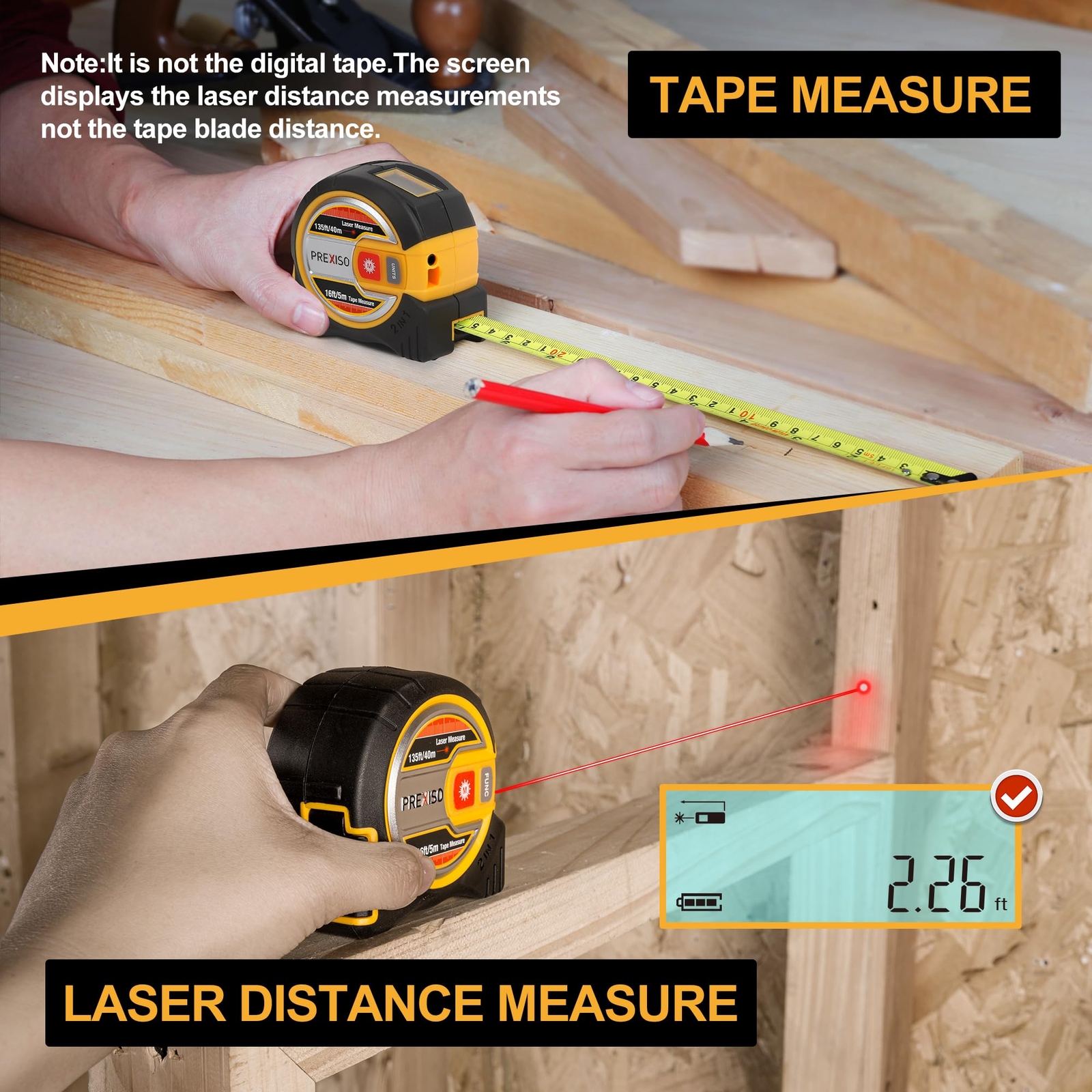 PREXISO 2-in-1 Laser Tape Measure 16Ft Measure Tape&135Ft Laser Measurement Tool