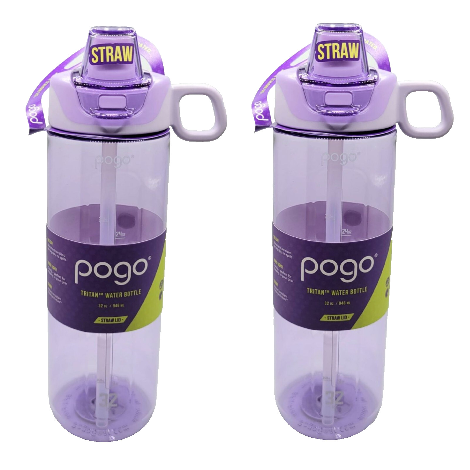 2 Pogo Sport Tritan Plastic Water Bottle Soft Straw Flip Lid LILAC 32oz BPA-FREE