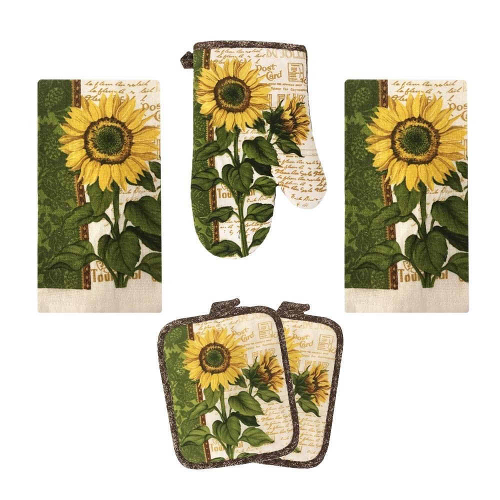 Kitchen Towel 5 Piece Linen Set 2 Towels 2 Pot Holders 1 Oven Mitt (Sunflower 2)