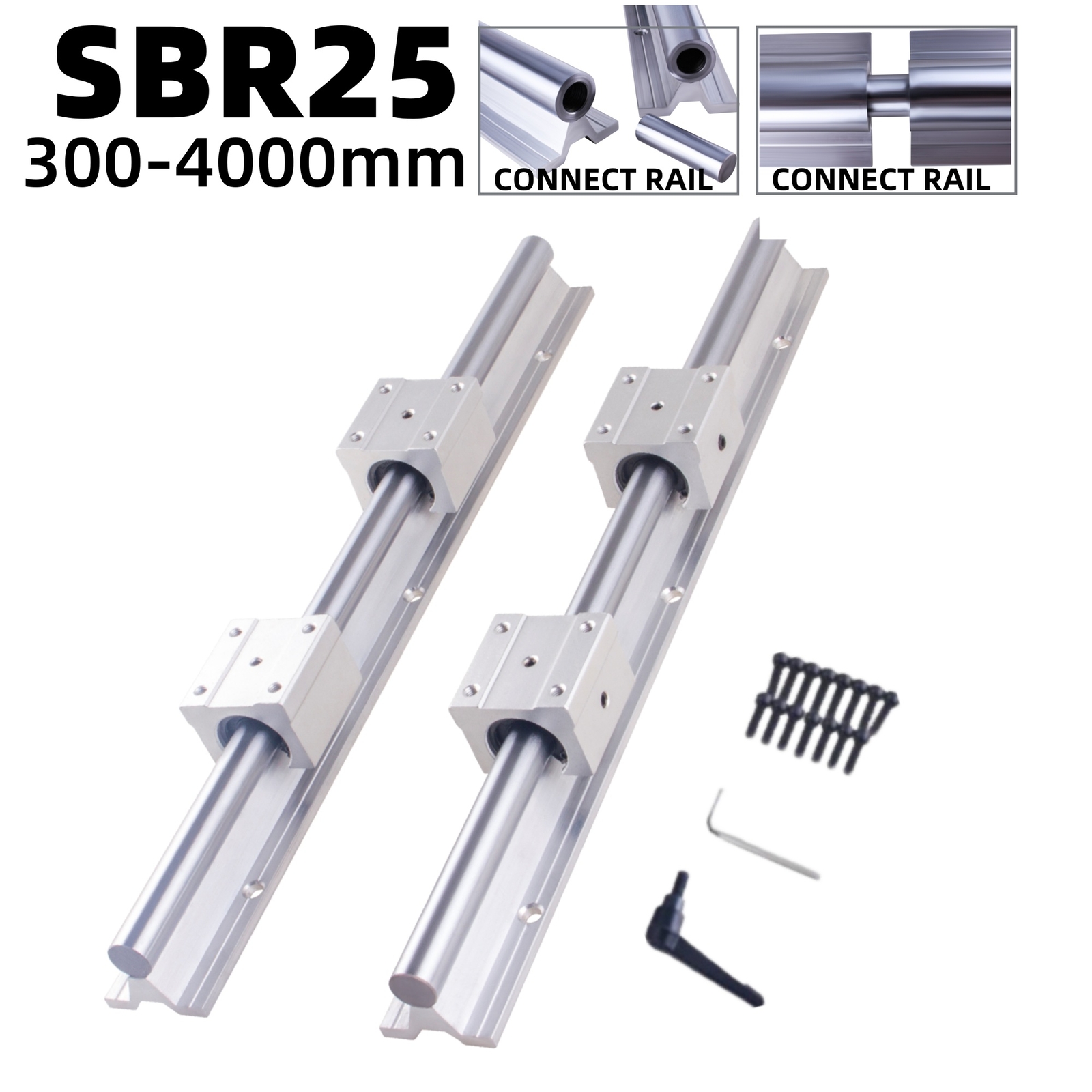 2x SBR25 L300-4000mm Fully Supported Linear Rail + 4 x SBR25UU Block Bearing CNC