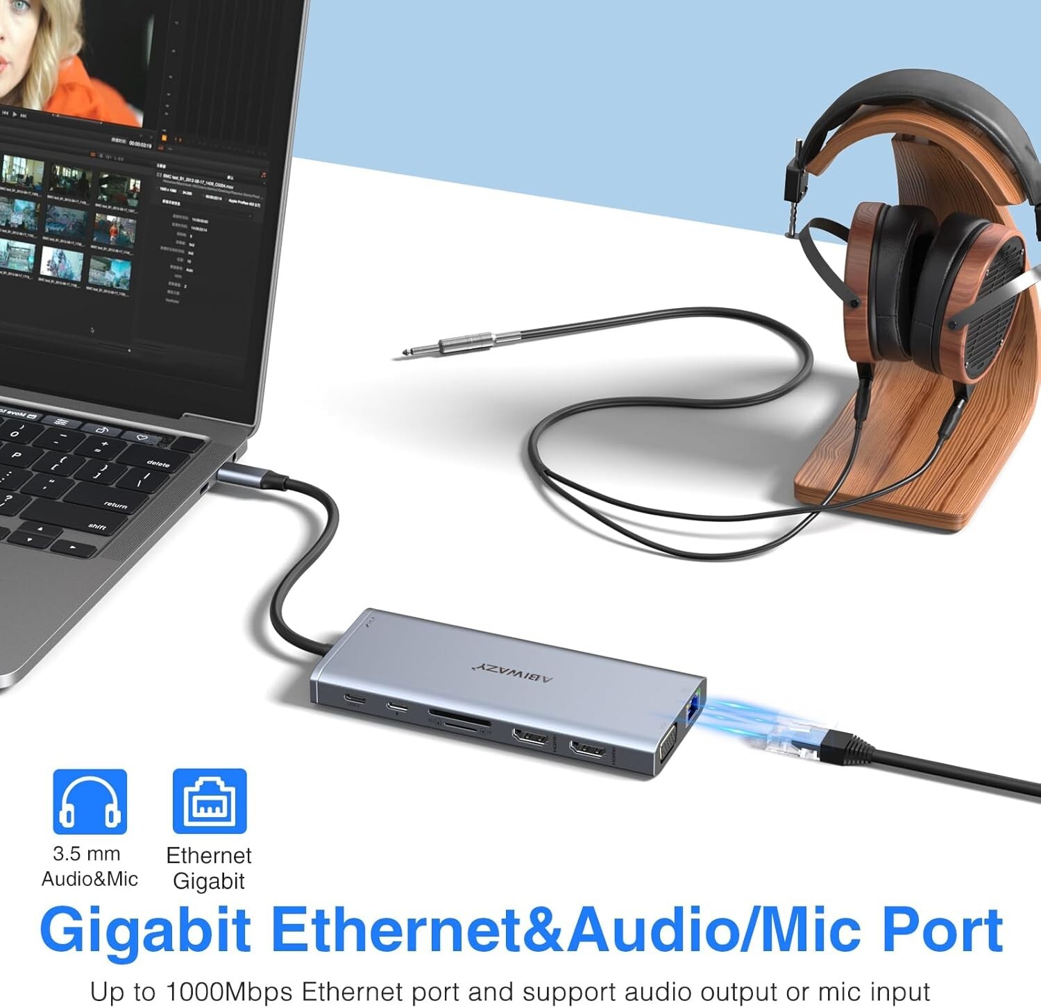 Comprehensive USB C Dock with Gigabit Ethernet, Audios, and SD Card Reader