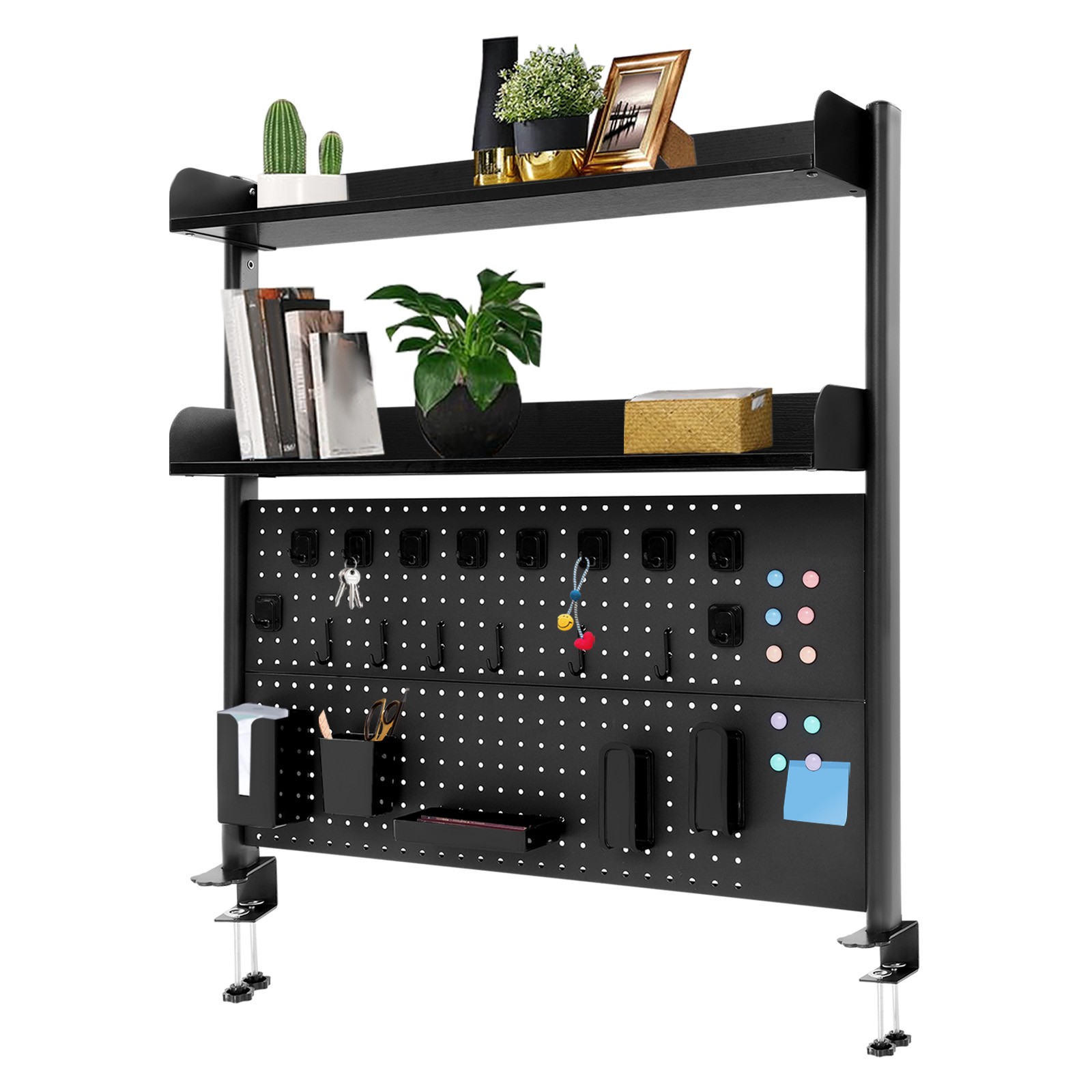 Premium Black Desktop Bookshelf with Adjustable Shelves & Pegboard Organizer