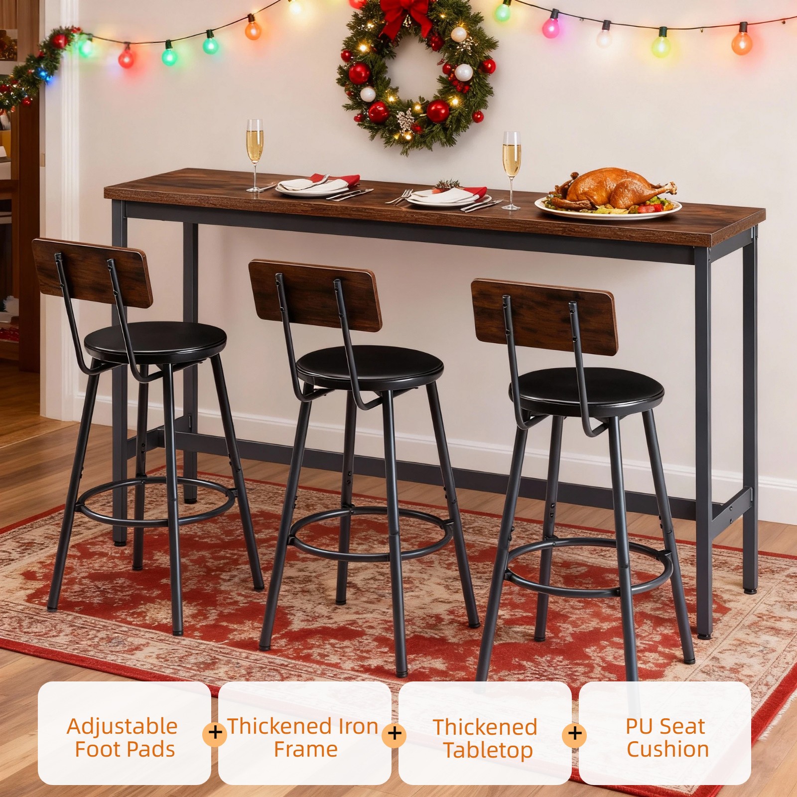 Bar Table and Chairs Set for 3, 4 Piece Industrial Dining Table Set