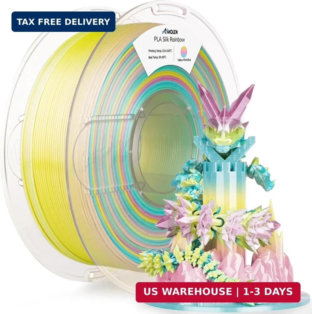 AMOLEN Silk PLA 3D Printer Filament, Shiny Multicolor Rainbow PLA Filament 1.75m