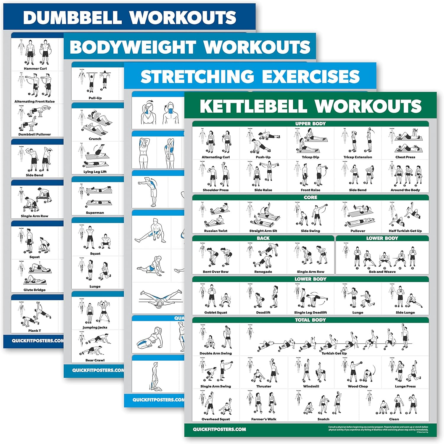 4 Pack Workout Charts: Dumbbell, Bodyweight, Stretching & Kettlebell (18� X 24�)