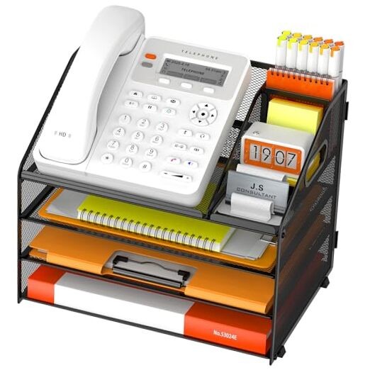 4 Tier Metal Mesh Letter Tray - Space Saving Desk 12.6" x 9.1" x 10.3" Black