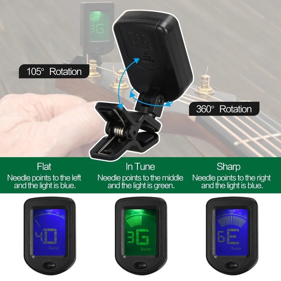 Guitar Tuner Cip On Chromatic LED & Capo & Picks Holder Kit Bass Violin Ukulele