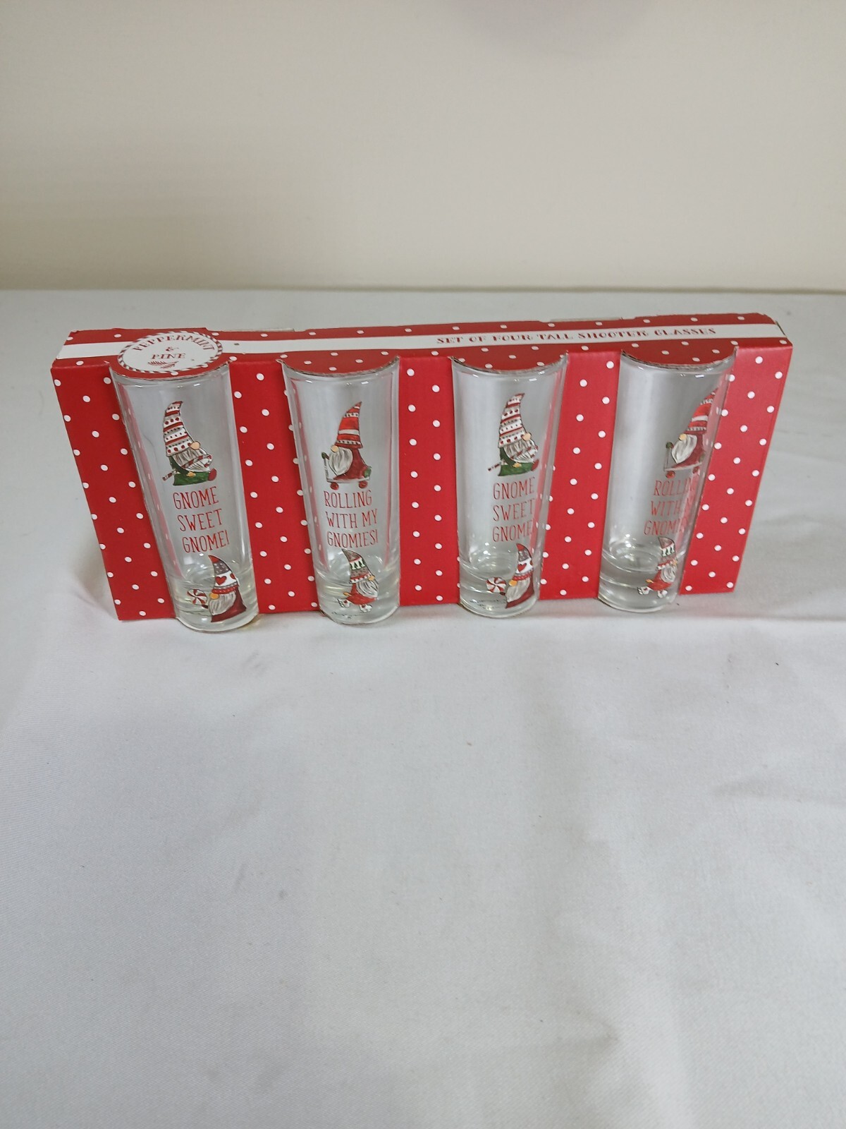 CHRISTMAS GNOME, SET OF 4 TALL SHOOTER GLASSES, NOS