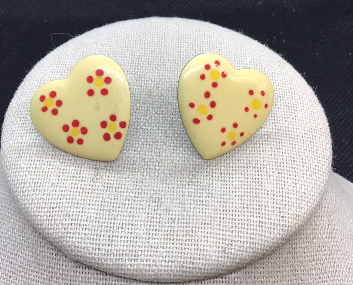 Vintage Costume Metal Red & Tan Enameled Heart Drop Earrings Z833
