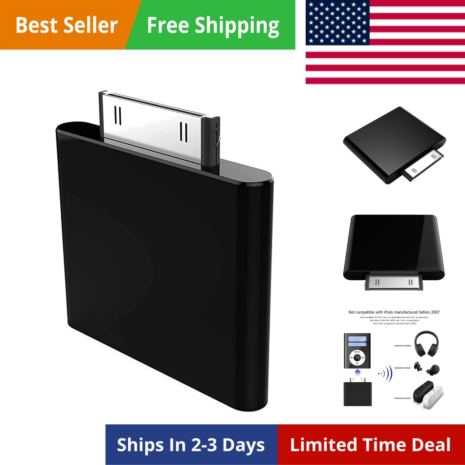 Bluetooth Transmitter for iPod Classic, Plug-and-Play Bluetooth Adapter Conne...