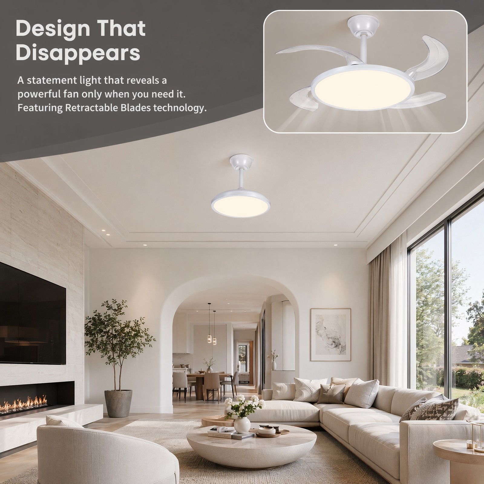 42 inch White Low Profile Retractable LED Ceiling Fan Remote Control with Light