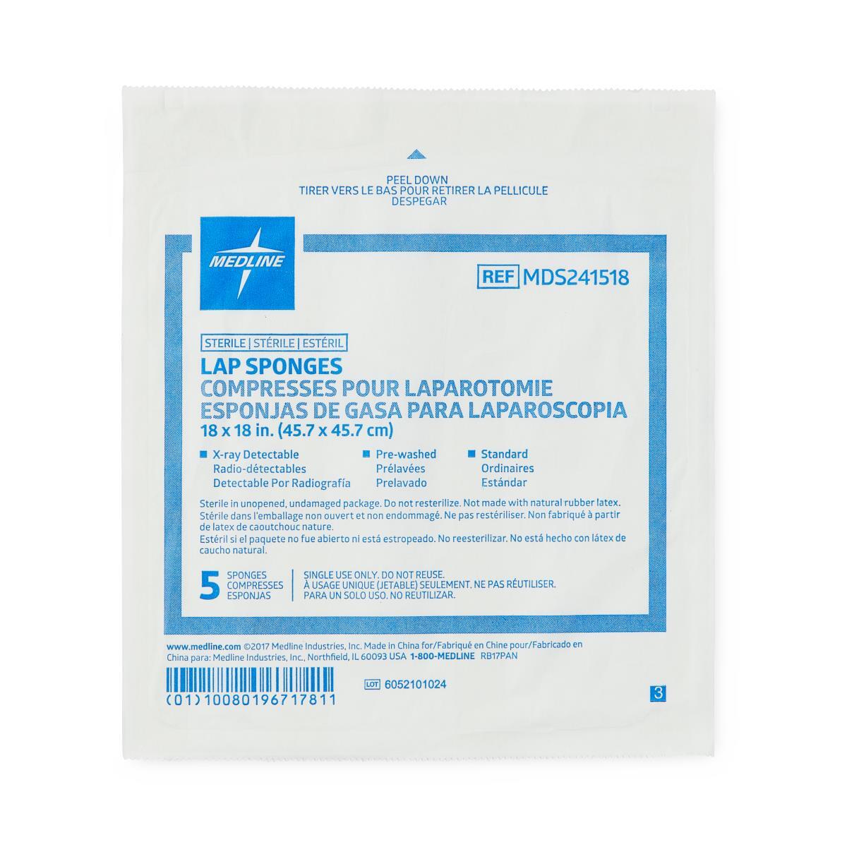 X-Ray Detectable Sterile Lap Sponge, 18" x 18", Pack of 5