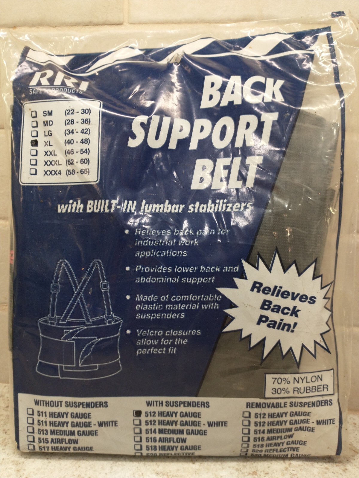 BACK SUPPORT BELT W/SUSPENDERS RRI SAFETY PRODUCTS XL 512 HEAVY GAUGE/DUTY