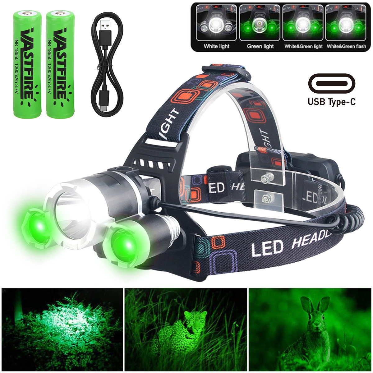 2IN1 Green&White Light Headlamp 3LED Hunting Predator Headlight Head Torch Lamp
