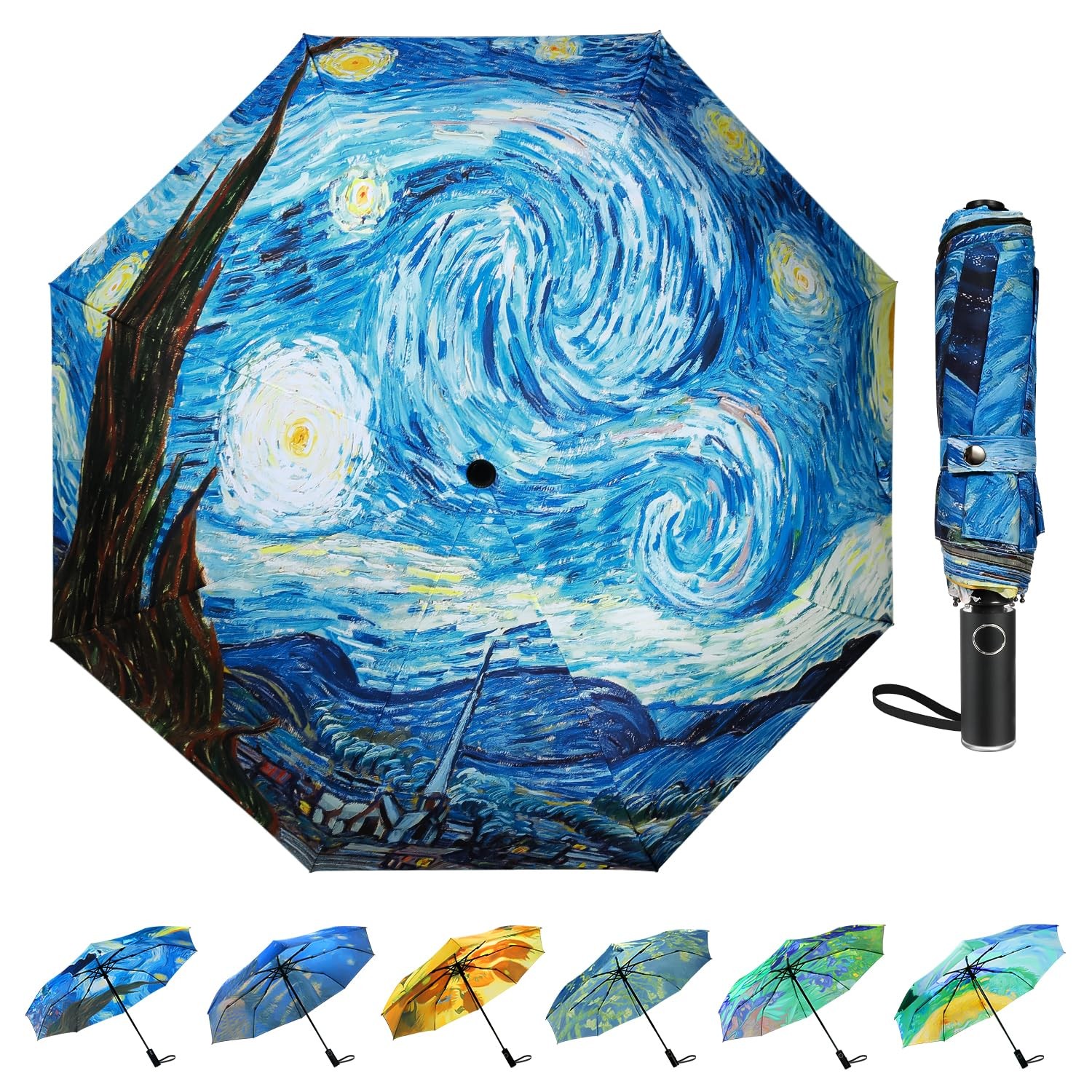 Van Gogh Folding Umbrella, Travel Umbrella with Starry Night Design, Auto Ope...