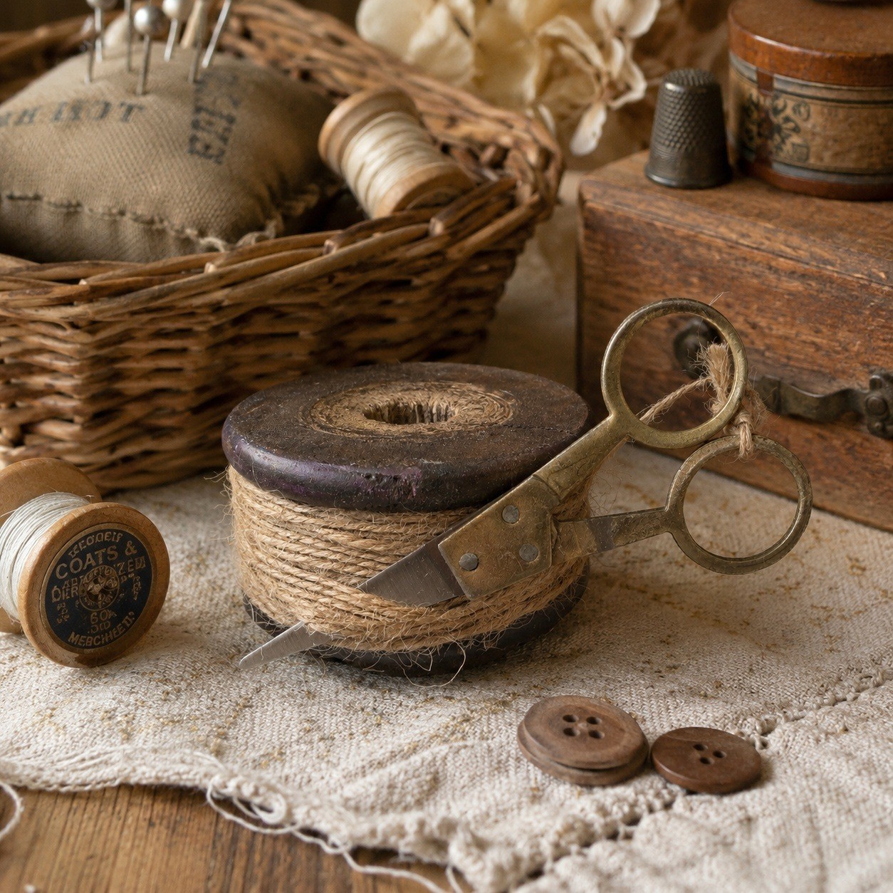 Primitive Flat Twine Wooden Spool & Scissors Rustic Farmhouse Decor