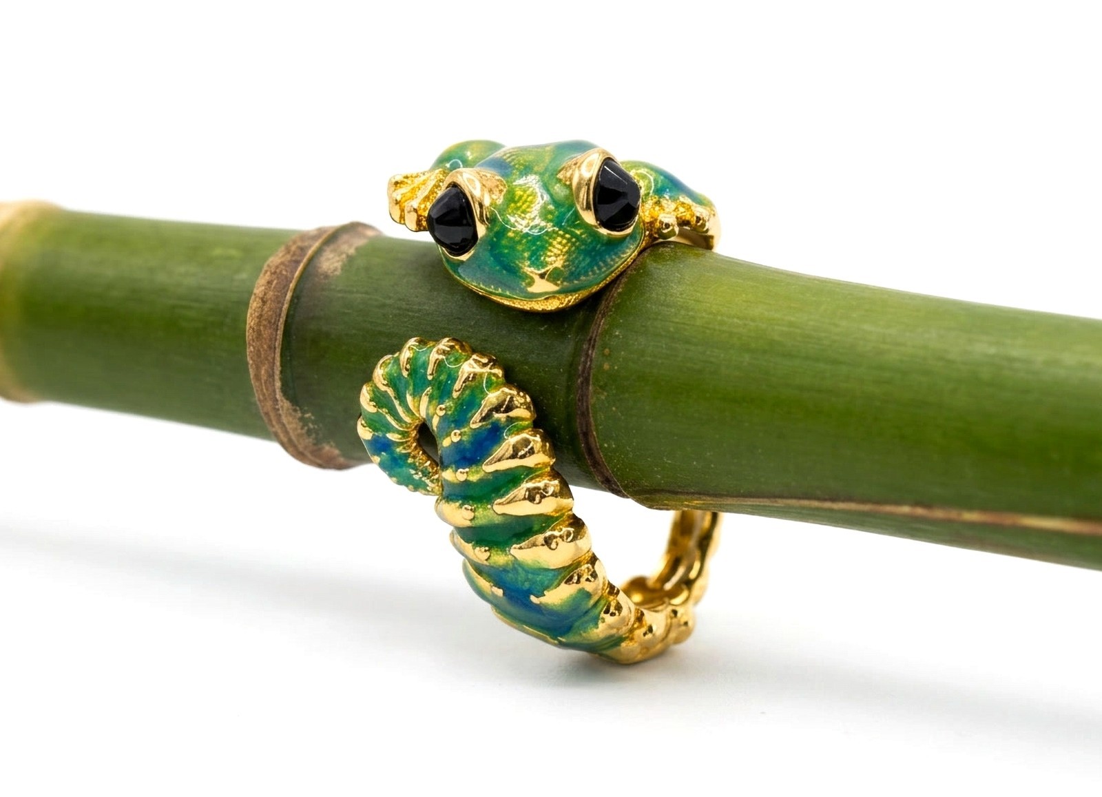 Green Gecko Ring Gold Enamel Adjustable Lizard Jewelry Black Crystal Eyes