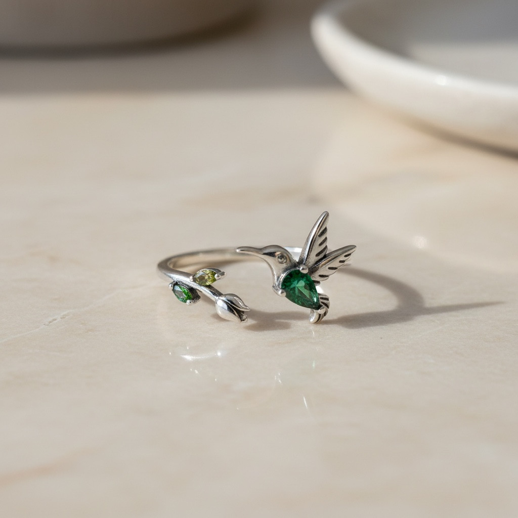 Hummingbird Ring: Sterling Silver Rose Flower Leaf Wrap, Adjustable Band